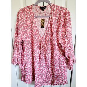 Suzanne Betro 4X Floral 3/4 Flutter Sleeve Blouse‎ Pink White Floral Rayon NWT